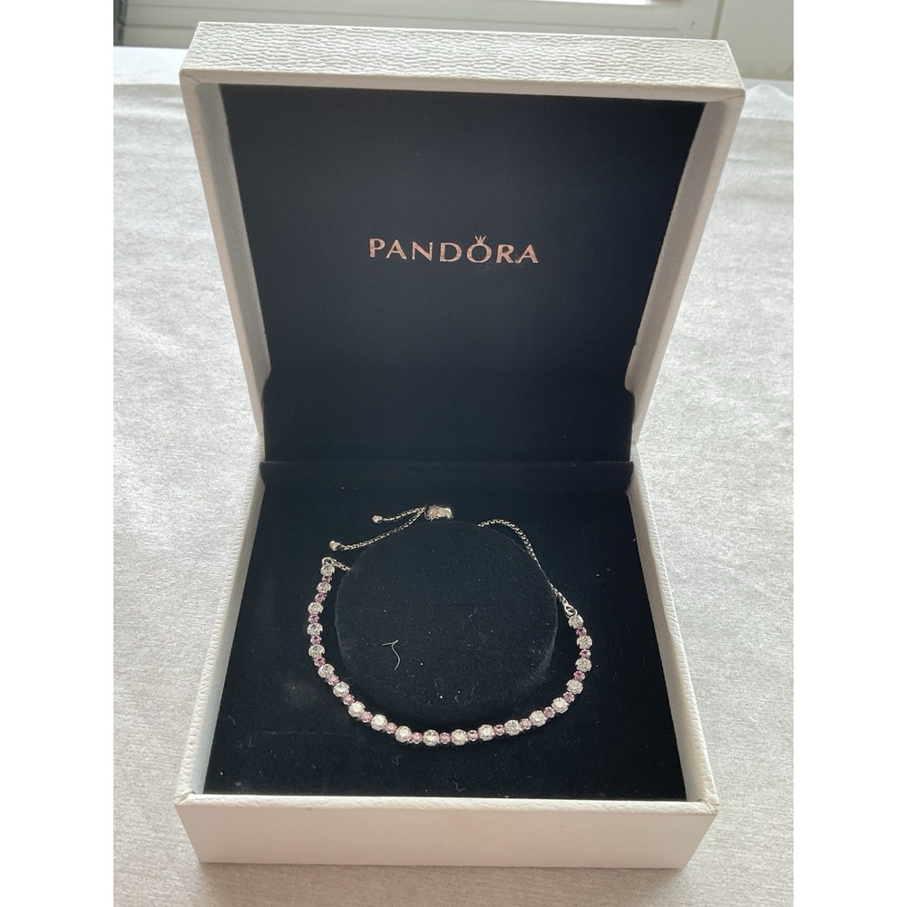 Pandora ALE 925 Sterling Silver Adjustable Bolo Bracelet Pink & Clear Stones